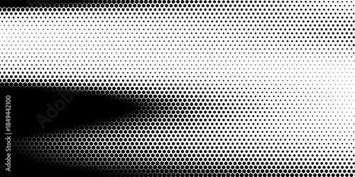 Black and white hexagonic geometric pattern with polka dot details inside each hexagon, creating an attractive and modern visual effect.