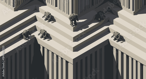 Small, mysterious figures ascend an intricate, abstract geometric labyrinth of stairs and platforms, creating a sense of journey and exploration within a minimalist design.