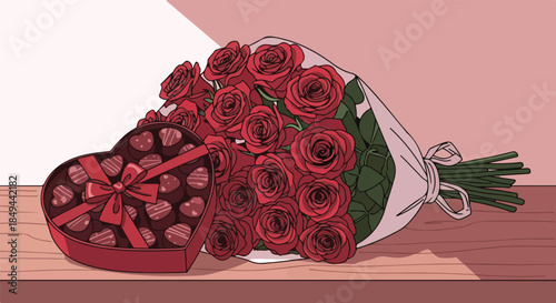 Illustration of a heart-shaped box of chocolates and a bouquet of red roses on a wooden table against a pink background.