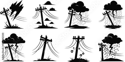 Storm damaged power line illustration showing leaning utility poles, lightning strikes, heavy rain, electrical hazards, extreme weather impact on energy infrastructure