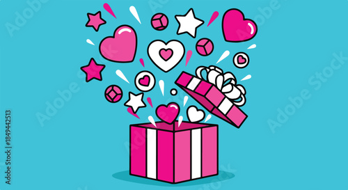 Illustration of a pink gift box with its lid open, surrounded by floating hearts, stars, and other symbols against a blue background.