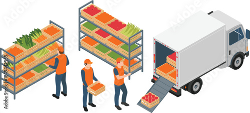 Isometric fresh produce warehouse illustration, workers loading fruits vegetables crates into delivery truck for grocery supply distribution