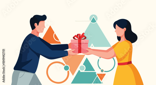 Illustration of a man and woman exchanging a gift box with a red bow on a beige background with geometric shapes.