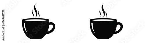 Minimalist Black Coffee Cup Icons with Steam Isolated on White Background
