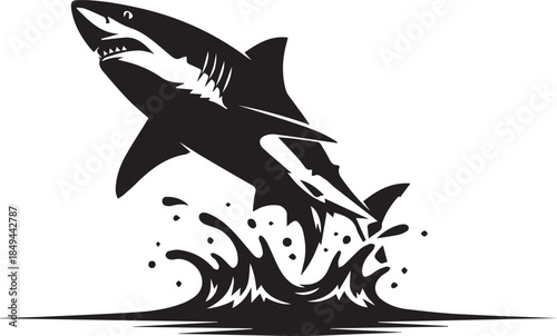 Black and White Stylized Shark Jumping from Water Vector Graphic with Splash
