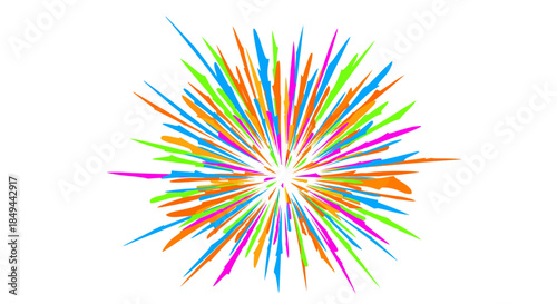 Dynamic abstract burst of vibrant neon colors radiating outwards, depicting an explosion of energy, celebration, or a futuristic light effect, perfect for modern design elements