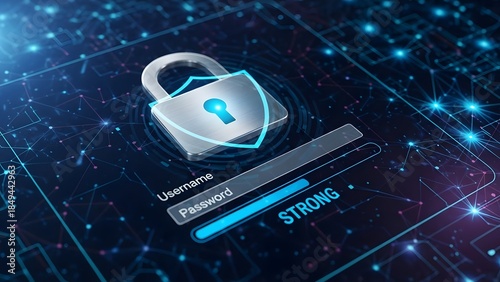 Digital 3D representation of a secure login page featuring a padlock shield and a password bar showing 