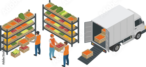 Isometric fresh produce warehouse illustration, workers loading fruits vegetables crates into delivery truck for grocery supply distribution