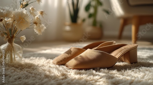 A pair of stylish beige mules rest on a fluffy rug, with a vase of flowers nearby, creating a cozy and inviting atmosphere.