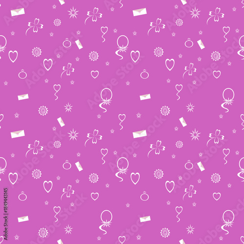 Seamless vector pattern with hearts, flowers, stars, and romantic icons on purple background. Cute repeating design for fabric, stationery, wallpaper, and Valentine themes.