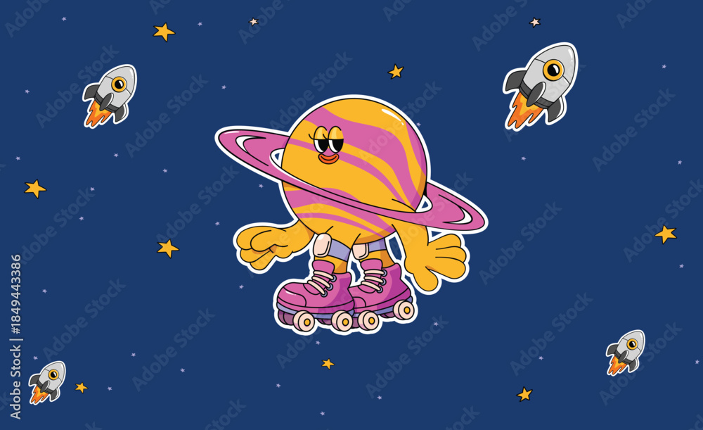 Obraz premium Cute Saturn Planet Cartoon Character Illustration for Kids