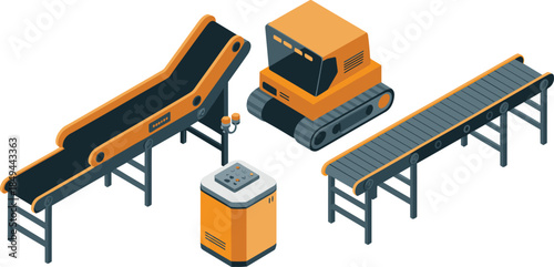 Isometric industrial conveyor belt system illustration, automated factory machinery equipment set for manufacturing production line isolated on white background