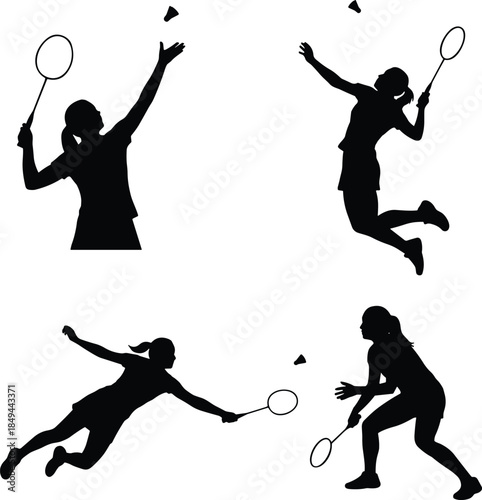 Badminton player woman silhouette set, serving, jumping, smash, shuttlecock, racket, sport, action, female athlete, competition, vector.