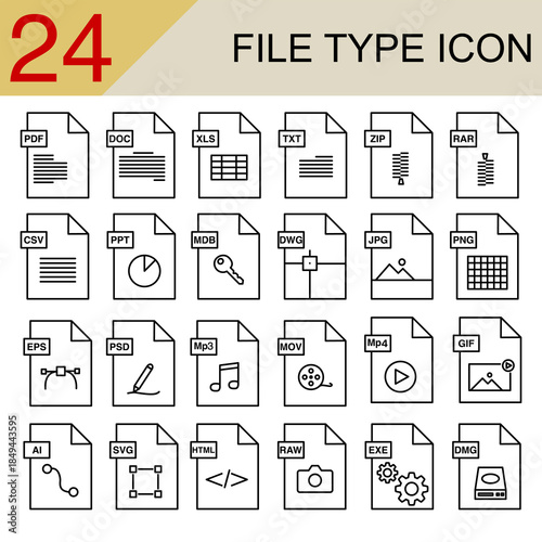 Collection of 24 file type icons in clean line art style. This vector set includes symbols for various document, image, and data formats, perfect for web and graphic design