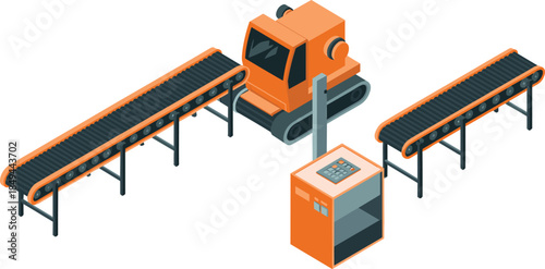 Isometric industrial conveyor belt system illustration, automated factory machinery equipment set for manufacturing production line isolated on white background