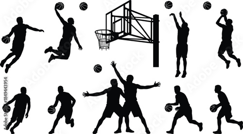 Basketball player silhouettes set, shooting, jumping, dunking, dribbling, defense, sport, action, competition, athlete, court, vector.