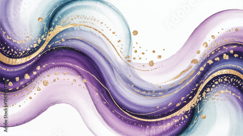 Dreamy abstract watercolor background with flowing waves and gold accents in a vibrant purple and blue hue
