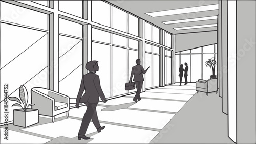 Modern Corporate Office Corridor Illustration with Business People and Large Windows, Architectural Line Art Drawing