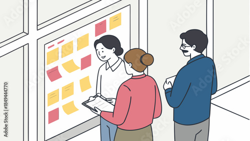 Business Team Brainstorming Ideas with Sticky Notes on Whiteboard in Modern Office | Collaborative Project Planning & Agile Methodology Illustration