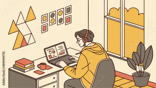 Focused Remote Work: Young person with headphones working on laptop at a minimalist home office desk, illustrating productivity and digital creativ...