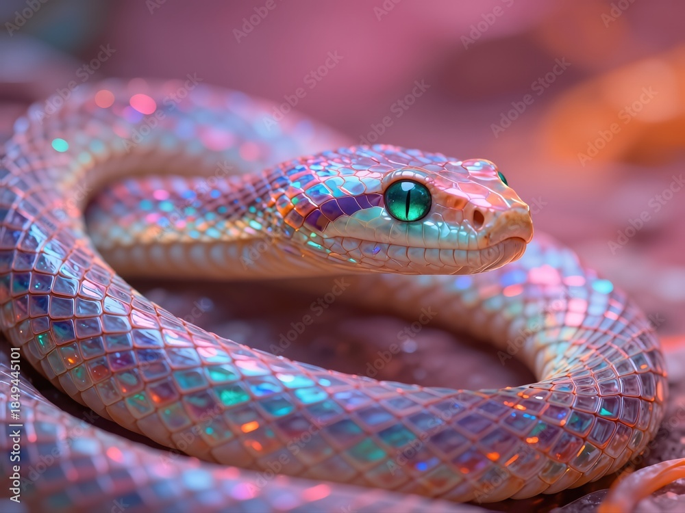Fototapeta premium Iridescent snake coils gracefully in vibrant close up