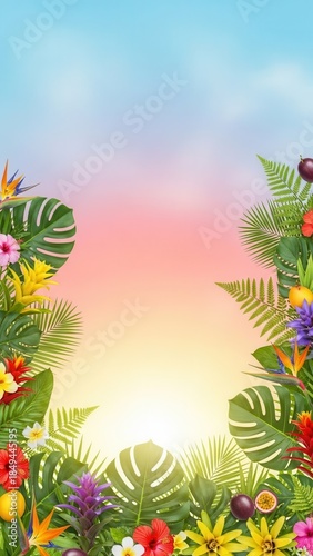 Vibrant Tropical Floral Frame with Sunset Glow Background.