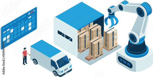 Isometric smart warehouse automation illustration, robotic arm loading boxes, digital logistics system with delivery van and storage facility