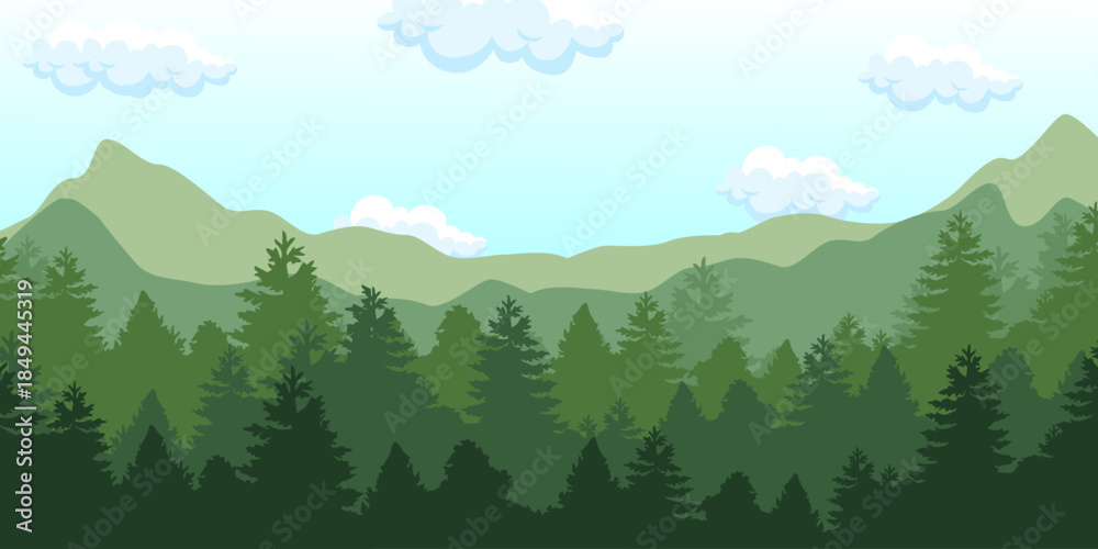 Fototapeta premium Illustration of a serene mountain landscape with a dense pine forest under a clear blue sky with fluffy clouds, depicting a peaceful natural environment.