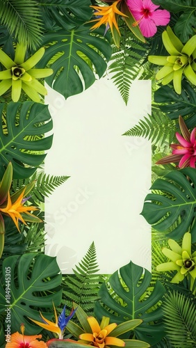 Vibrant tropical foliage frame with flowers and blank center.