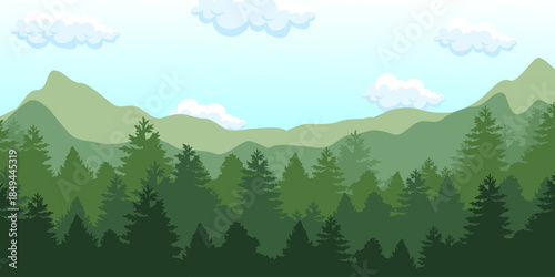Illustration of a serene mountain landscape with a dense pine forest under a clear blue sky with fluffy clouds, depicting a peaceful natural environment.