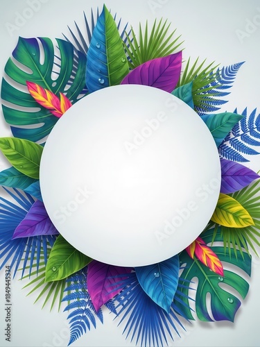 Vibrant Tropical Leaf Frame Surrounding White Sphere.