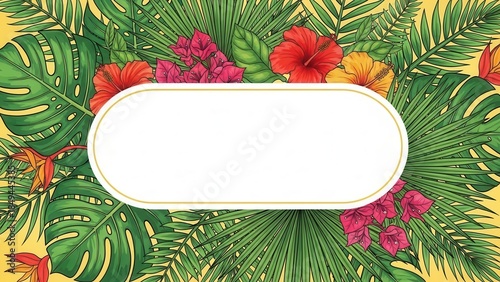 Vibrant Tropical Leaves and Hibiscus Frame Background.