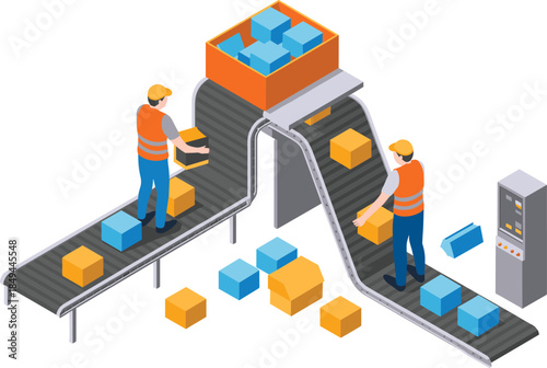 Isometric warehouse sorting illustration, workers operating conveyor belt system handling packages boxes in automated logistics distribution process