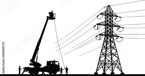 Electric utility workers using boom lift to repair high voltage power lines, transmission tower, industry, maintenance, electricity, silhouette.