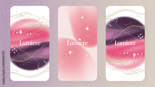 Three vertically aligned graphic designs with abstract pink and purple backgrounds and golden accents