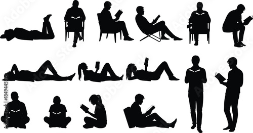 Silhouettes of people reading books in various sitting and lying positions, relaxing readers illustration for education, study, leisure, literature concepts