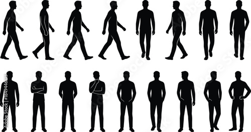 Male walking and standing silhouettes collection, human body poses set, motion sequence reference, character animation figures isolated white background illustration