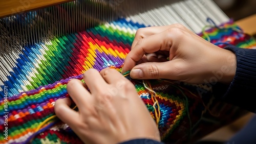Hands intricately weaving vibrant colors on a traditional loom apparatus