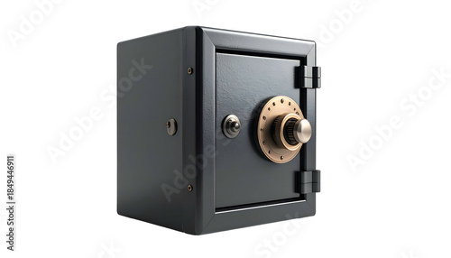 A dark gray, antique-style safe with a round brass combination dial and prominent door hinges
