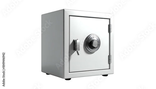 A metallic, secure safe box, front view, isolated on black background, with combination dial