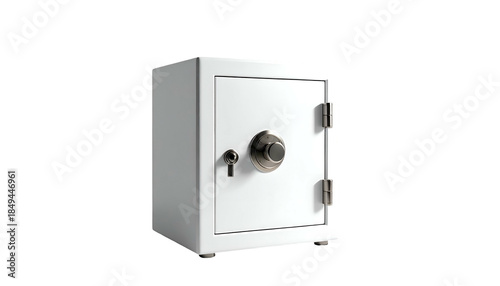 A white, metal safe isolated against a black background, slightly angled, showing door details