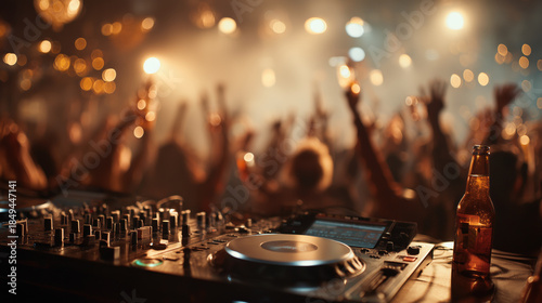 Exciting party dj console mixer controller playing music for happy crowd dancing nightlife entertainment celebration concert event club