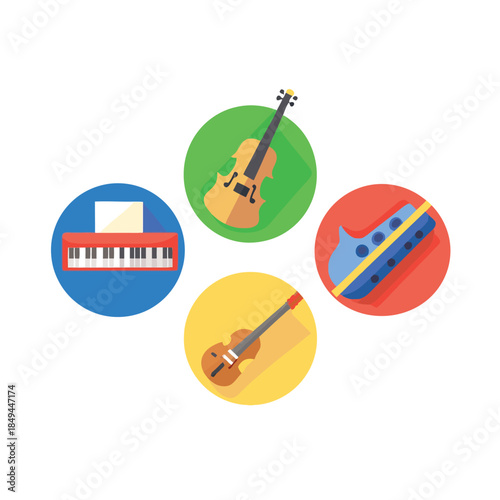Four colorful flat design icons representing diverse musical instruments for education or apps