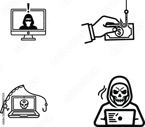 Black and white illustrations of cybercrime and online threats
