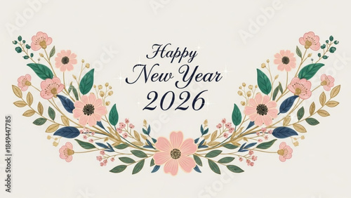Happy New Year 2026 text with floral wreath elegant botanical illustration for festive greeting cards and seasonal invitations
