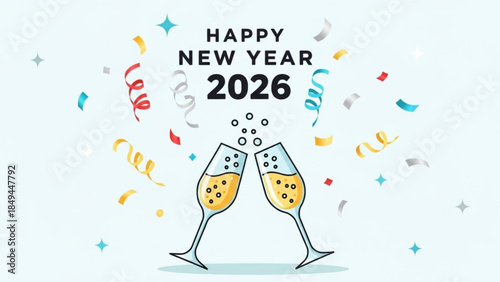 Happy New Year 2026 celebration with clinking champagne glasses and confetti festive vector illustration for holiday greetings and event promotion