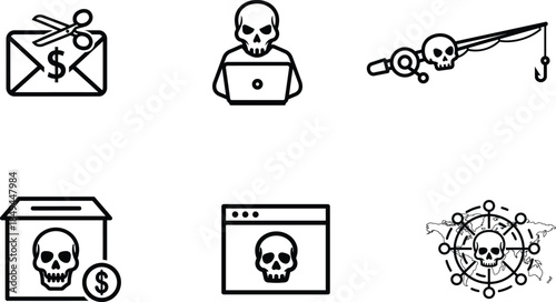 Black and white line art icons depicting various concepts related to cybercrime and online threats