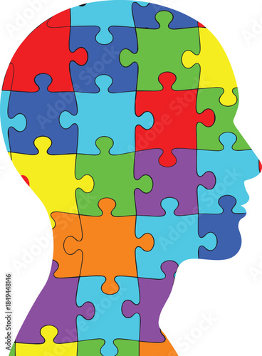 Human head profile puzzle, multicolored pieces, mental health, psychology, autism, complexity, identity, brainstorming, solution, creativity, mosaic.