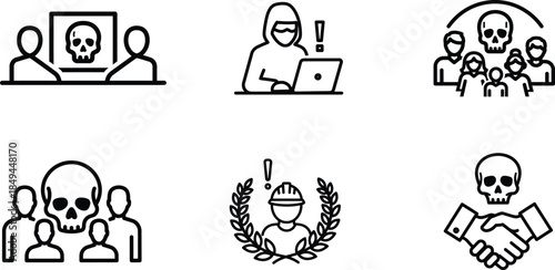 Black line icons depicting people with skulls and warning signs