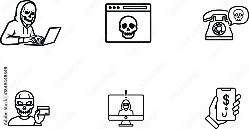 Fototapeta premium Cybercrime and online security threat icons with skulls and hackers online safety concept